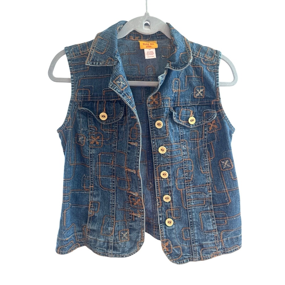 Ruby Rd 90'S Denim Vest 4P Button Front Embroidered Geometric Pattern